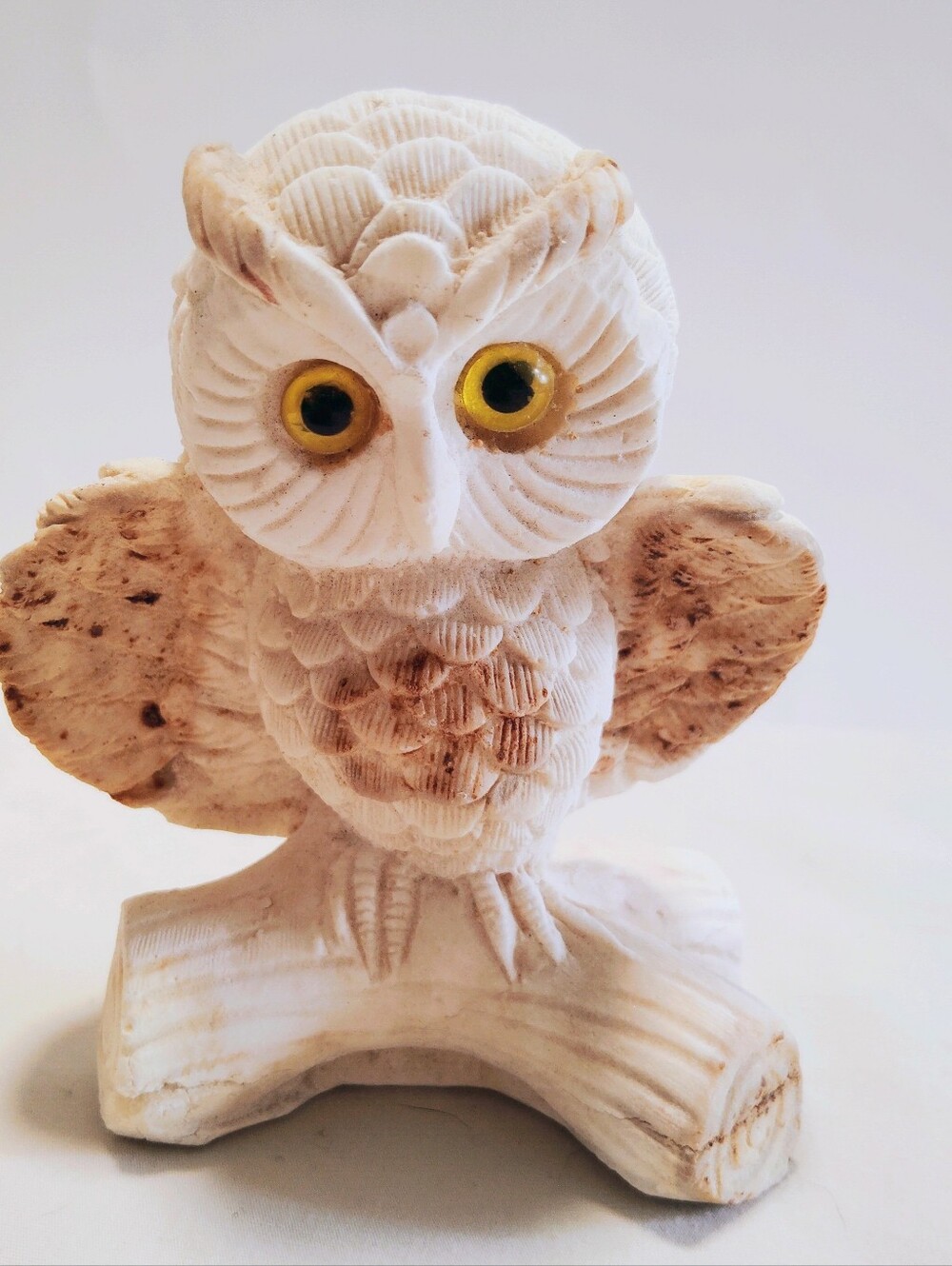 White & Tan Composite Alabaster Rustic Woodland Owl Statue on Log w/ Yellow Eyes